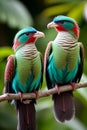 AI illustration of two resplendent quetzal birds perched atop a thin tree branch.