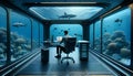 AI illustration of An underwater office with a desk and chair occupied by a male figure.