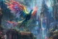 AI illustration of a vibrant bird soaring above urban skyline with tall spires