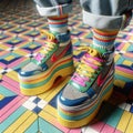 AI illustration of vibrant-colored sneakers and patterned socks standing on a patterned tiled floor