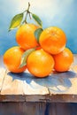 AI illustration of A vibrant oil painting of vibrant oranges placed atop a wooden table