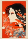 An AI illustration of an orange art print with two fishes, one in the water and one on the