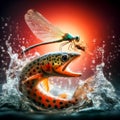 An AI illustration of a dragon flys over an orange fish with bubbles in the water