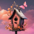 AI illustration of a vibrant pink birdhouse surrounded by colorful flowers. Royalty Free Stock Photo