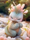 An AI illustration of a small statue of a little dragon sitting on a beach