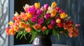 AI illustration of vibrant tulips of various colors beautifully arranged in a vase Royalty Free Stock Photo