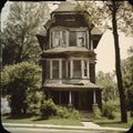 An AI illustration of a old house with a huge turret and tree in the yard