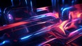 AI illustration of a vivid display of neon lights with blue and pink streaks.