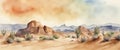 AI illustration of a watercolor desert landscape with cacti and rocks Royalty Free Stock Photo