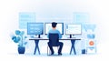 AI illustration of a web developer concentrating on work while using multiple monitors