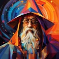 AI illustration of a whimsical wizard with a white beard in abstract shapes