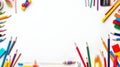 AI illustration of a white background framed with an array of multicolored school supplies.