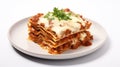 AI illustration of a white plate with a freshly cooked stack of lasagna.