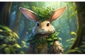 AI illustration of a white and rabbit sitting in a lush green forest