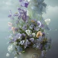 AI Illustration of a White Vase of Blue and Lilac Sweetpeas