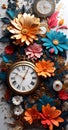 AI illustration of a white wall-mounted clock with a colorful assortment of flowers