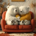 AI illustration of wo bears comfortably seated on a plush couch, enjoying each other's company