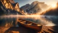 AI illustration of A wooden boat illuminated by the stunning golden-orange hues of the sunset Royalty Free Stock Photo