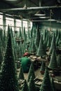 An AI illustration of a worker arranges christmas trees in the factory for decoration