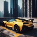 AI illustration of a yellow sports car parked in front of high-rise buildings in a city skyline. Royalty Free Stock Photo