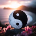 AI illustration of a Yin Yang symbol resting atop a rocky surface at a seaside location