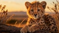 AI illustration of A young cheetah cub lounging atop a large rock.