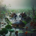 AI illustraton of an alligator in water near plants and trees