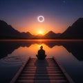 Epic solar eclipse above a calm mountain lake at sunrise, silhouette of a person sitting on a wooden dock in the foreground, cinem Royalty Free Stock Photo