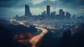 AI image Atlanta skyline at twilight with dramatic cloudscape and highway traffic lights creating Royalty Free Stock Photo