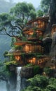 ai image creation, a house that is in the jungle with a tree, Royalty Free Stock Photo