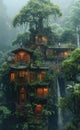 ai image creation, a house that is in the jungle with a tree, Royalty Free Stock Photo