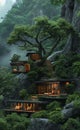ai image creation, a house that is in the jungle with a tree, Royalty Free Stock Photo