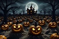 Ai image depicts a pumpkin patch, illuminated by the tender light of the full moon, creating an otherworldly luminescence