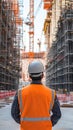 AI image, Engineer inspecting scaffolding construction site with cranes cityscape development Royalty Free Stock Photo