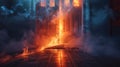Fire Erupts Through the Doors of room, Creating Thick Smoke and Dangerous Conditions at Midnight Royalty Free Stock Photo