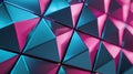 Futuristic geometric wall pattern consisting of 3D triangular prisms with magenta reflections