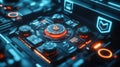 AI image Futuristic technology control panel with glowing buttons and display screens interface Royalty Free Stock Photo