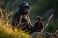 Ai Image Generative Photography of a mother black monkey and her young monkey are seated.