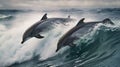 Ai Image Generative Two dolphins jumping from the water. Royalty Free Stock Photo