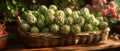 AI Image Generator of basket of artichokes on a wooden table Royalty Free Stock Photo