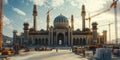 AI image, Under construction mosque architecture with cranes and workers near the mountains Royalty Free Stock Photo