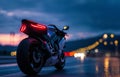 High-speed motorcycle standing against night city Royalty Free Stock Photo