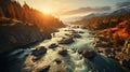 AI image Majestic mountain river flowing at sunset through autumn forest scenic landscape nature Royalty Free Stock Photo