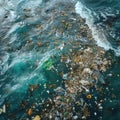 AI image, Ocean Pollution Crisis Visualized. Plastic Waste Accumulation on Sea Surface Royalty Free Stock Photo