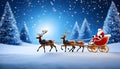 Santa Claus rides a deer in the snow carrying Christmas gifts