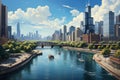 AI image, Serene Chicago cityscape view reflecting in river with impressive architecture and blue Royalty Free Stock Photo
