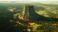 AI image of stunning high angle view of Devils Tower formation surrounded by dense green forest Royalty Free Stock Photo
