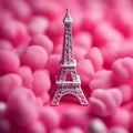 Ai image of a surreal scene where the Eiffel Tower is surrounded clouds of cotton candy
