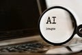 AI image technology demonstrated with laptop, text and magnifying glass and command prompt. Chat with artificial intelligence