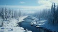 AI image, Tranquil winter landscape with snow-covered trees and a winding river creating a serene Royalty Free Stock Photo